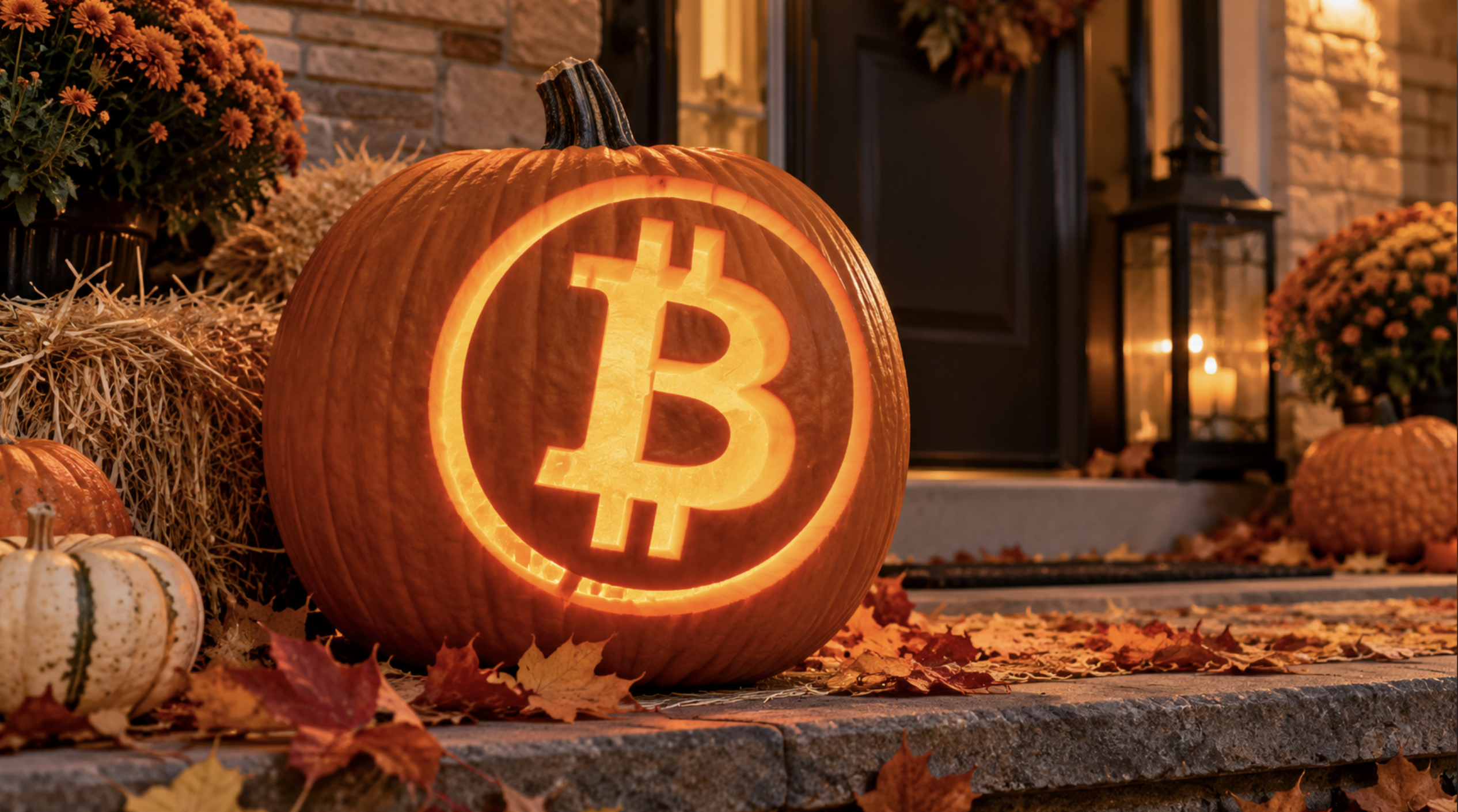 Bitcoin jack-o'-lantern glowing on a Halloween porch surrounded by hay bales, pumpkins and autumn leaves